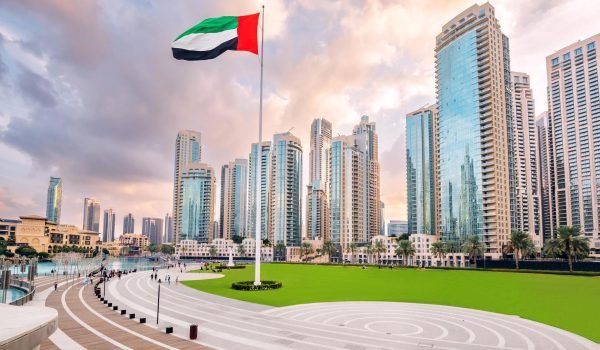 View of the UAE flag waving proudly in front of modern skyscrapers in Dubai, with a landscaped area and cloudy sky in the background.