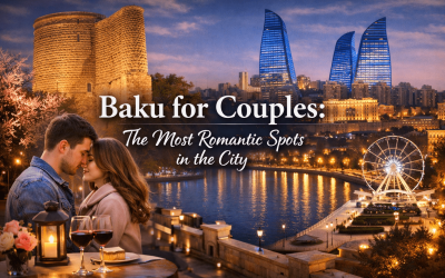 Couple sharing an intimate moment in Baku, with the Flame Towers and historical Maiden Tower in the background, highlighting the city's romantic atmosphere and scenic views.