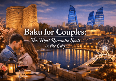 Couple sharing an intimate moment in Baku, with the Flame Towers and historical Maiden Tower in the background, highlighting the city's romantic atmosphere and scenic views.