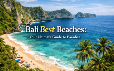 Aerial view of a stunning beach in Bali featuring turquoise waters, golden sand, and lush green cliffs, with beach umbrellas and people enjoying the sun, illustrating the beauty of Bali best beaches.