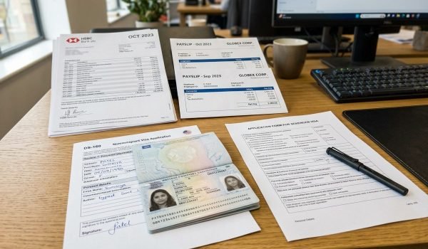 Documents on a wooden desk, including an HSBC bank statement for October 2023, payslips from Globex Corp for September and October 2023, a DS-160 nonimmigrant visa application form, and a Schengen visa application form. A passport with a visible photo and identification details is also on the table, along with a pen and a coffee mug.