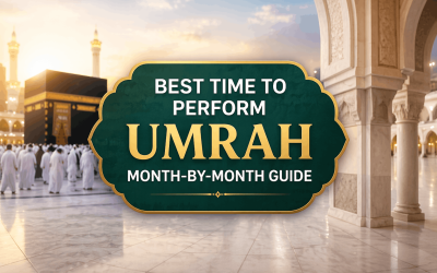 Image depicting the Kaaba in Mecca with pilgrims in white attire, accompanied by a title graphic that reads "Best Time to Perform Umrah Month-by-Month Guide." The scene captures the spiritual ambiance of the holy site, emphasizing the importance of planning for Umrah.