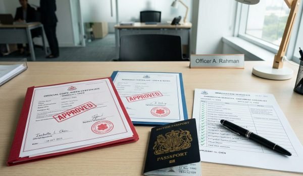 Desk with approved official documents, including a birth certificate and marriage certificate, alongside a British passport and an immigration services checklist. The setting is an office with a clear view, indicating a professional environment for handling immigration paperwork.