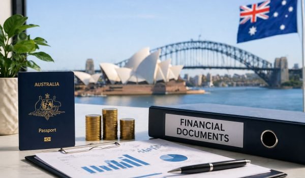 Australian passport on a desk with financial documents, a pen, and charts, overlooking the Sydney Opera House and Sydney Harbour Bridge, with an Australian flag in the background.