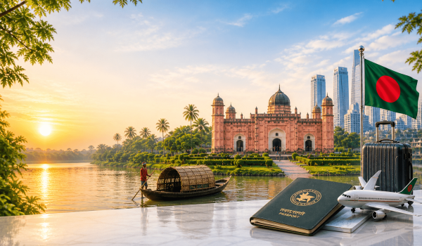 Scenic view of the Lalbagh Fort in Dhaka, Bangladesh, during sunrise, with a traditional boat on the river, a traveler’s suitcase, a passport, and a model airplane representing travel and tourism in Bangladesh.