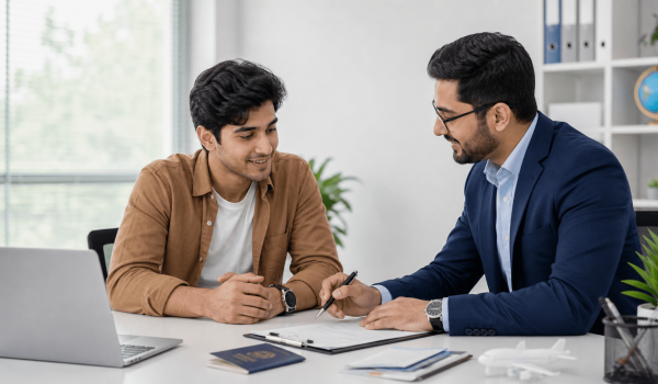 A professional consultation between a young man and an advisor in a modern office setting, discussing travel plans and reviewing documents, with a laptop and a passport on the table.
