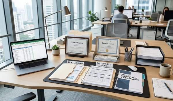 Modern office workspace featuring a laptop with a spreadsheet, organized documents including bank statements and tax documents for FY 2023, CPA certification, and a business license, all set against a backdrop of large windows overlooking a cityscape.