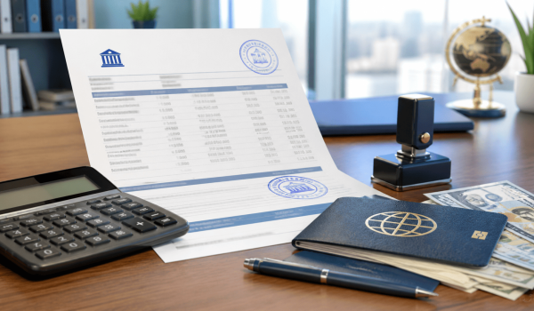 Office desk with financial documents, a calculator, a stamp, a blue passport, and cash. The document features a detailed table of financial data, along with official seals, indicating a professional setting for accounting or banking activities.