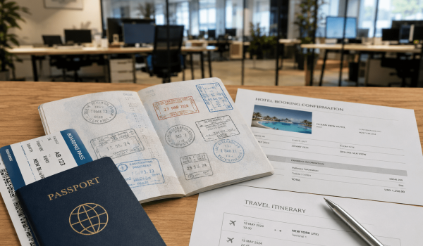 Open passport with travel stamps, boarding pass, hotel booking confirmation, and travel itinerary on a wooden desk in a modern office setting. Ideal for travel planning and organization.