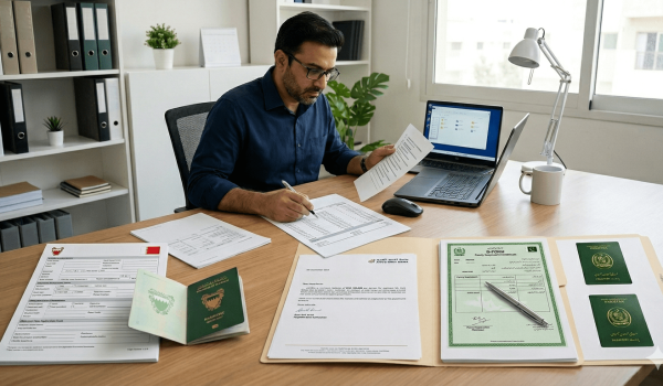 A professional man reviewing documents at a desk with a laptop, papers, and passports, indicating a work environment focused on administrative tasks and organization.