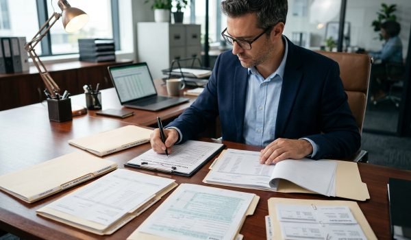 Business professional reviewing documents and taking notes at a modern office desk, with a laptop, paperwork, and a desk lamp in the background.
