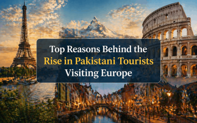 Collage of iconic European landmarks including the Eiffel Tower, the Colosseum, and scenic waterways, illustrating the growing trend of Pakistani tourists visiting Europe. Text overlay highlights "Top Reasons Behind the Rise in Pakistani Tourists Visiting Europe."