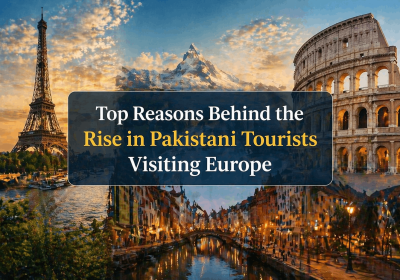 Collage of iconic European landmarks including the Eiffel Tower, the Colosseum, and scenic waterways, illustrating the growing trend of Pakistani tourists visiting Europe. Text overlay highlights "Top Reasons Behind the Rise in Pakistani Tourists Visiting Europe."