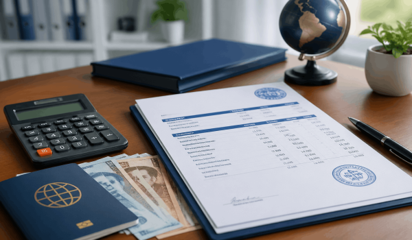 Desk with financial documents, a calculator, cash, a passport, and a globe, illustrating business planning and international travel.