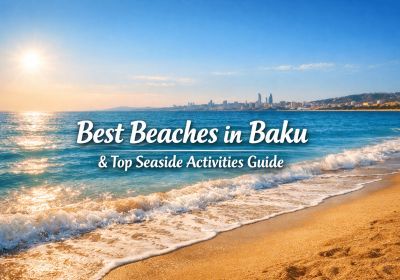 A picturesque view of the coastline in Baku, highlighting the best beaches and seaside activities, with sunlight reflecting on the water and a city skyline in the background.