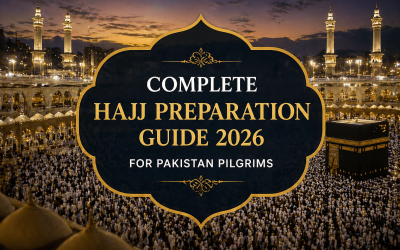 A panoramic view of the Kaaba in Mecca, filled with pilgrims, accompanied by a title overlay that reads "Complete Hajj Preparation Guide 2026 for Pakistan Pilgrims." The image captures the spiritual atmosphere of the Hajj pilgrimage, highlighting the significance of preparation for attendees from Pakistan.
