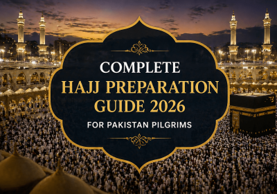 A panoramic view of the Kaaba in Mecca, filled with pilgrims, accompanied by a title overlay that reads "Complete Hajj Preparation Guide 2026 for Pakistan Pilgrims." The image captures the spiritual atmosphere of the Hajj pilgrimage, highlighting the significance of preparation for attendees from Pakistan.