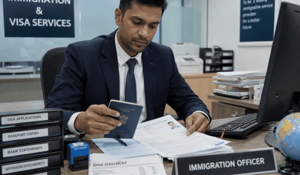 Immigration officer reviewing visa application documents at a desk in an immigration services office, with a passport and bank statement visible.