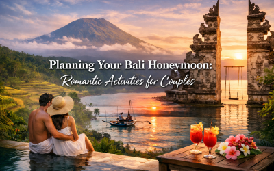 Couple enjoying a romantic moment by a pool in Bali, surrounded by lush landscapes and stunning views of a mountain and a temple. The scene features tropical cocktails and flowers, highlighting ideal honeymoon activities for couples.