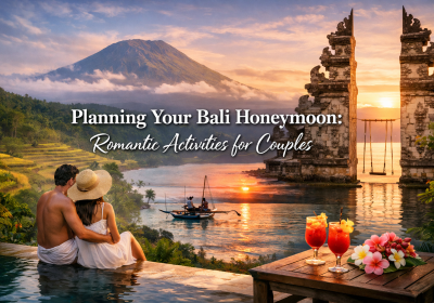 Couple enjoying a romantic moment by a pool in Bali, surrounded by lush landscapes and stunning views of a mountain and a temple. The scene features tropical cocktails and flowers, highlighting ideal honeymoon activities for couples.