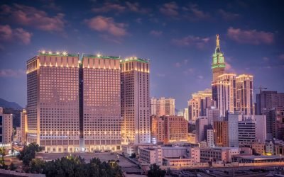 Al Kiswah Towers Hotel Makkah twin towers at dusk with the Clock Tower in the background