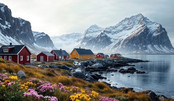 Scenic view of colorful wooden cabins along a rocky coastline, surrounded by vibrant flowers and snow-capped mountains in the background, showcasing the natural beauty of a serene landscape.